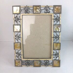 Vintage Picture 4 x 6 Mother of Pearl Enamel and Metal Picture Frame